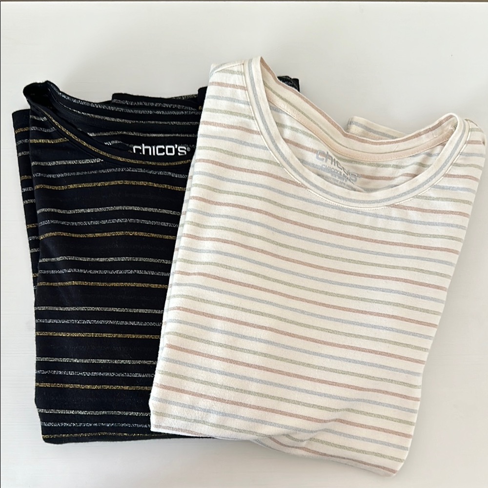 Chico's Long Sleeve Tees - Black and Cream Stripes.